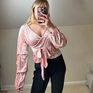 One by One: Pink Crushed Velvet Wrap Top